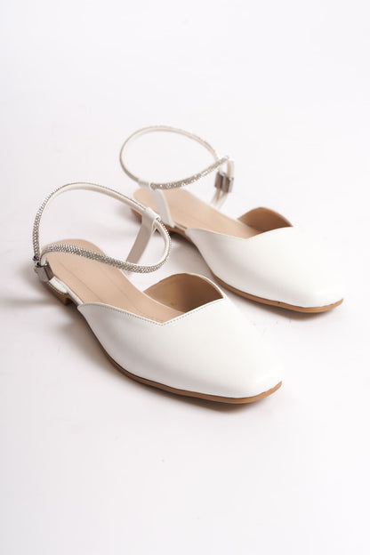 CAROLINE Elastic Orthopedic Comfortable Sole Ankle Stone Detailed Women's White Ballerinas