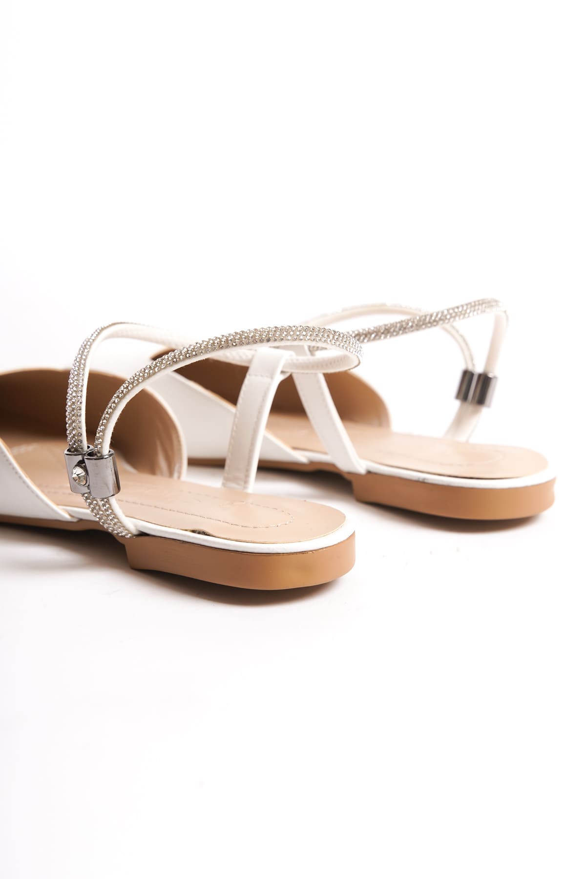 CAROLINE Elastic Orthopedic Comfortable Sole Ankle Stone Detailed Women's White Ballerinas
