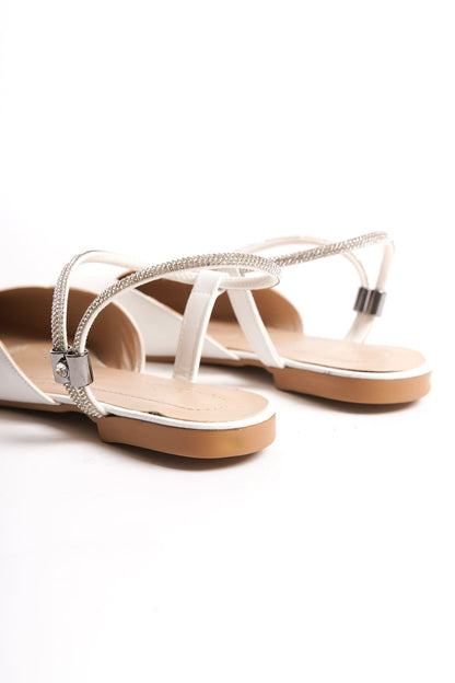 CAROLINE Elastic Orthopedic Comfortable Sole Ankle Stone Detailed Women's White Ballerinas