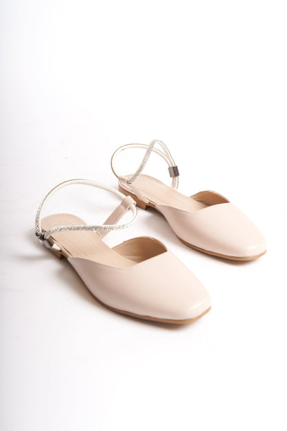 CAROLINE Elastic Orthopedic Comfortable Sole Ankle Stone Detailed Women's Cream Ballerinas