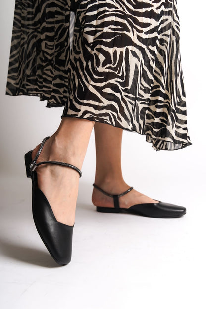 CAROLINE Elastic Orthopedic Comfortable Sole Ankle Stone Detailed Women's Black Ballerinas