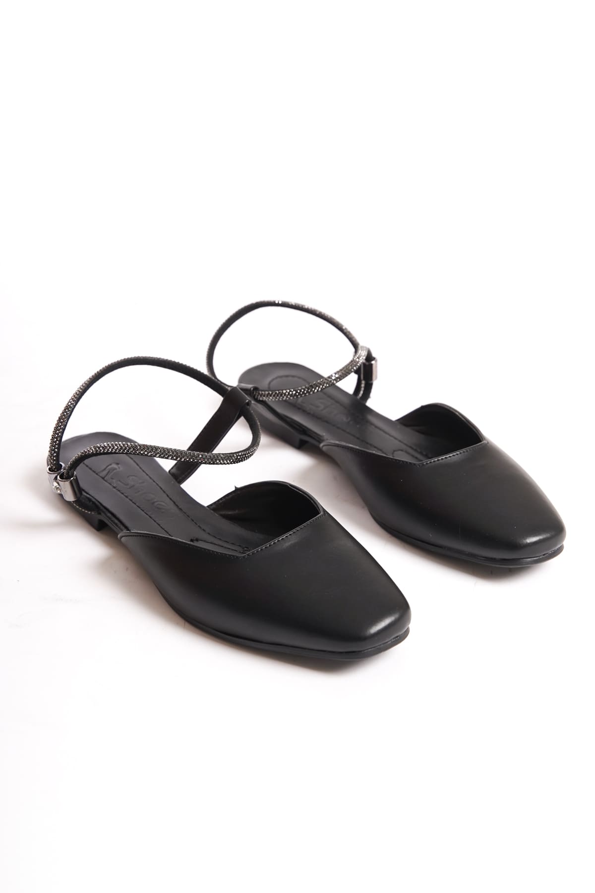 CAROLINE Elastic Orthopedic Comfortable Sole Ankle Stone Detailed Women's Black Ballerinas