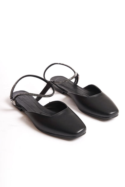 CAROLINE Elastic Orthopedic Comfortable Sole Ankle Stone Detailed Women's Black Ballerinas