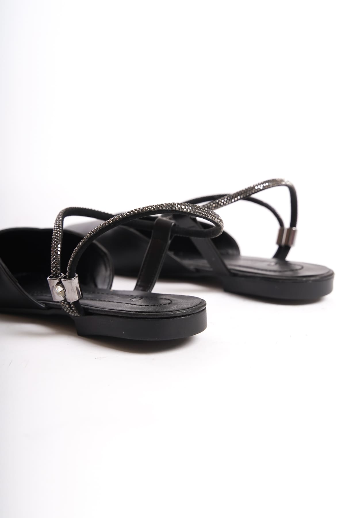 CAROLINE Elastic Orthopedic Comfortable Sole Ankle Stone Detailed Women's Black Ballerinas