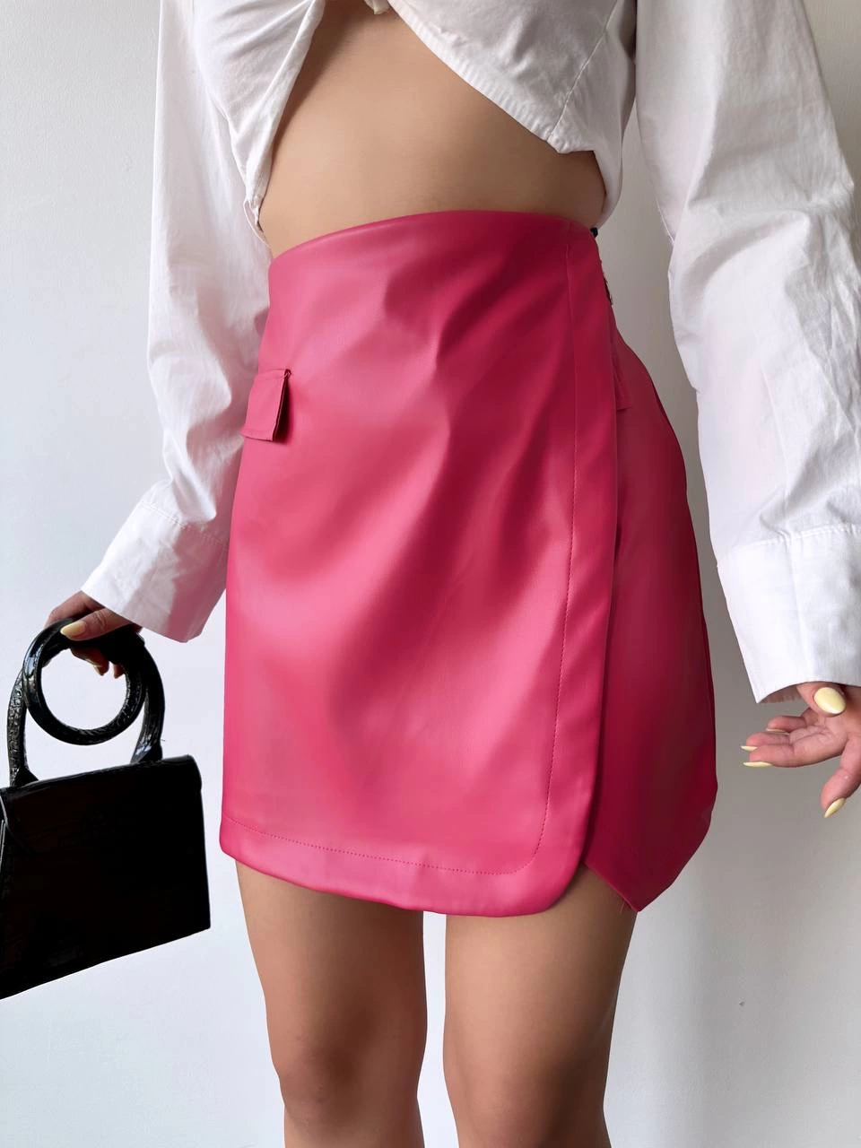 Cep Detaylı Oval Kapaklı Deri Etek Fuşya