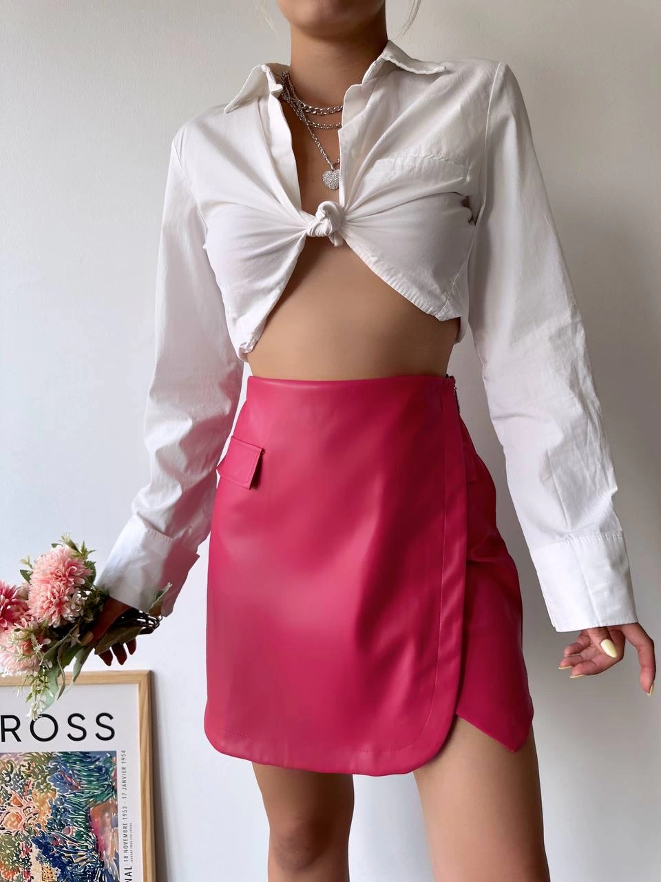 Cep Detaylı Oval Kapaklı Deri Etek Fuşya