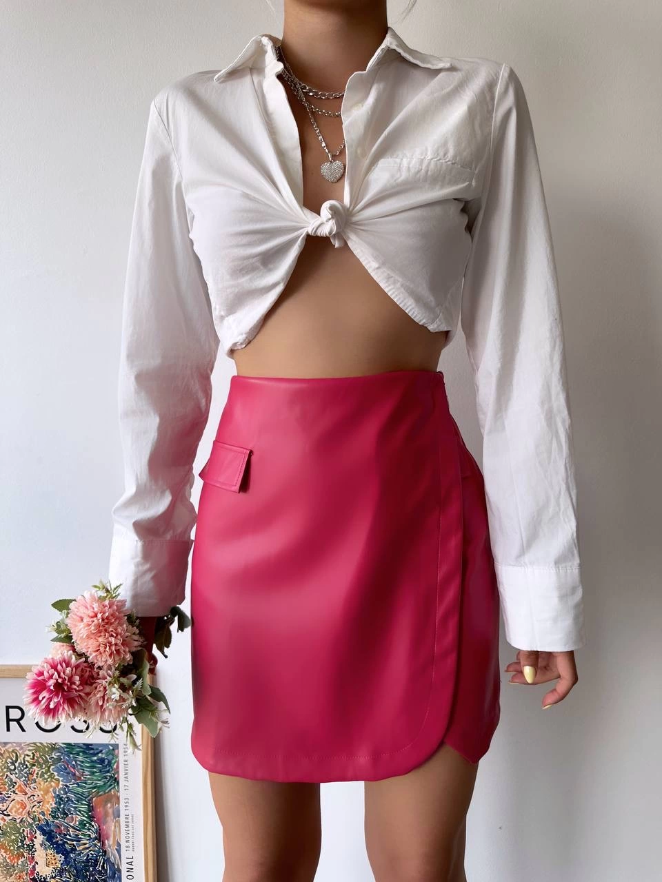 Cep Detaylı Oval Kapaklı Deri Etek Fuşya