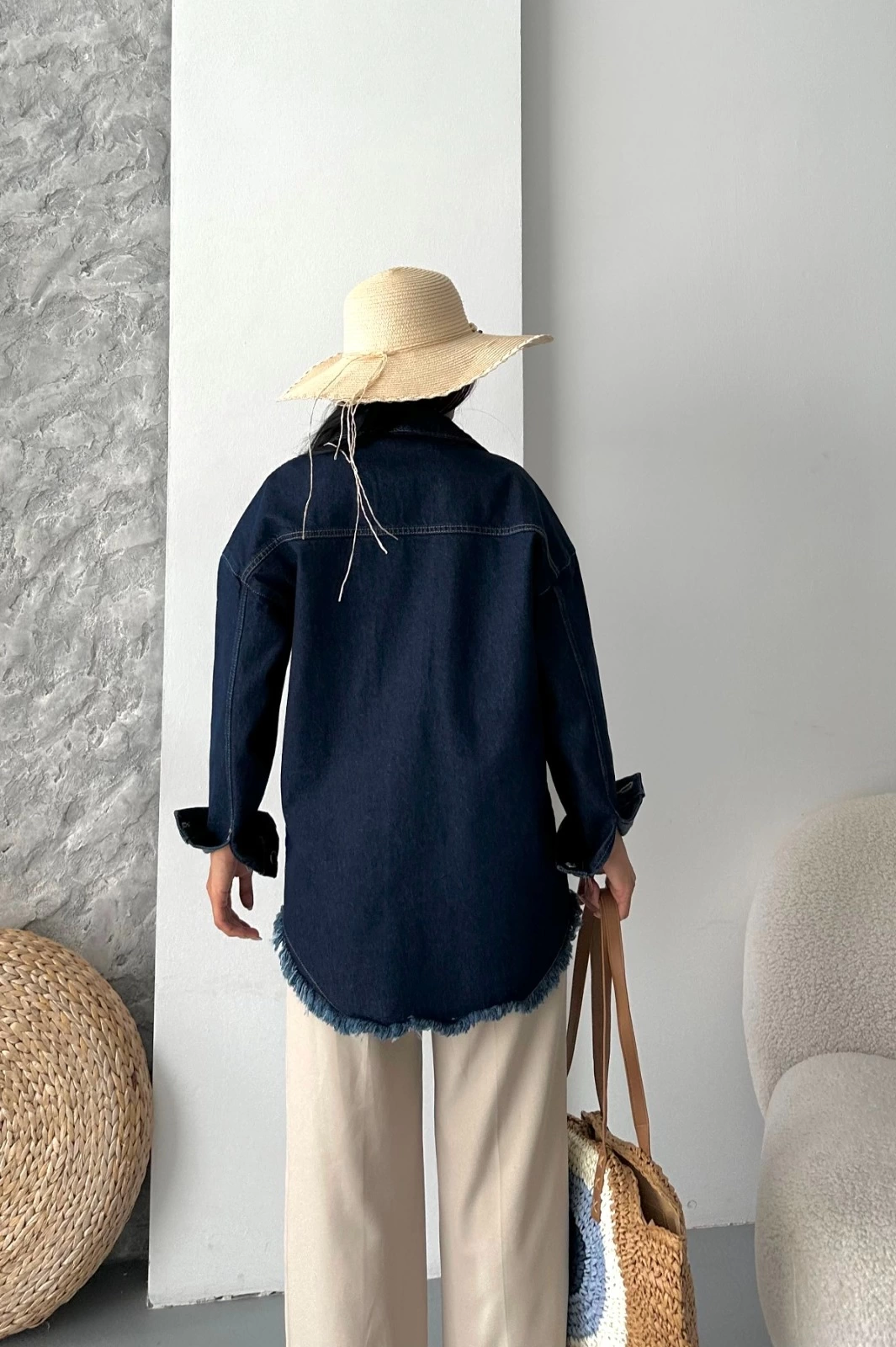 Cepli Püsküllü Kar Yıkama Kot Ceket Koyu Mavi