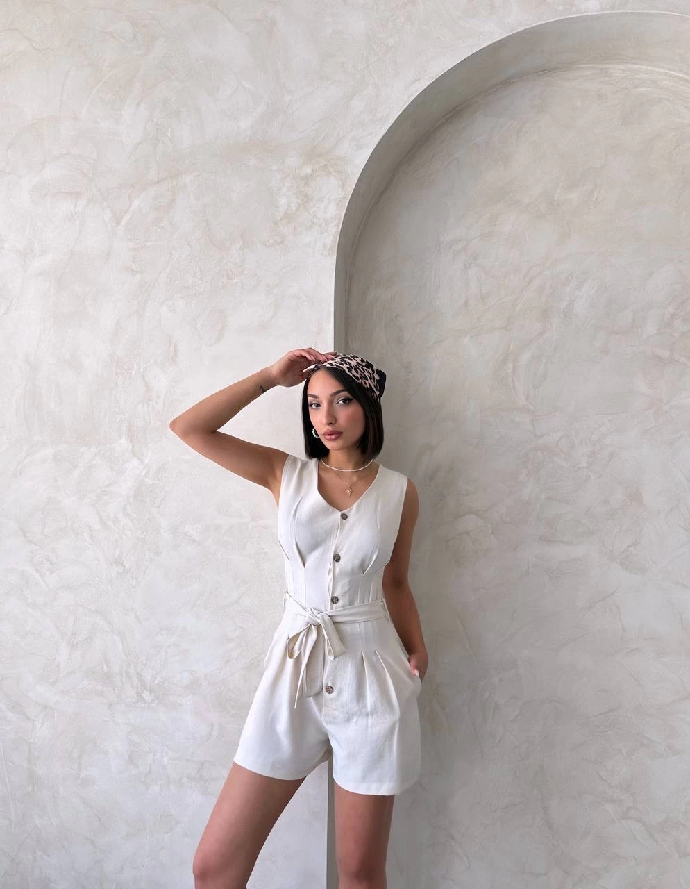 Comfortable Fabric Belted Jumpsuit with Pockets and Shorts - Beige