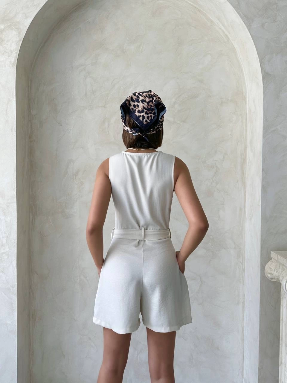 Comfortable Fabric Belted Jumpsuit with Pockets and Shorts - Beige