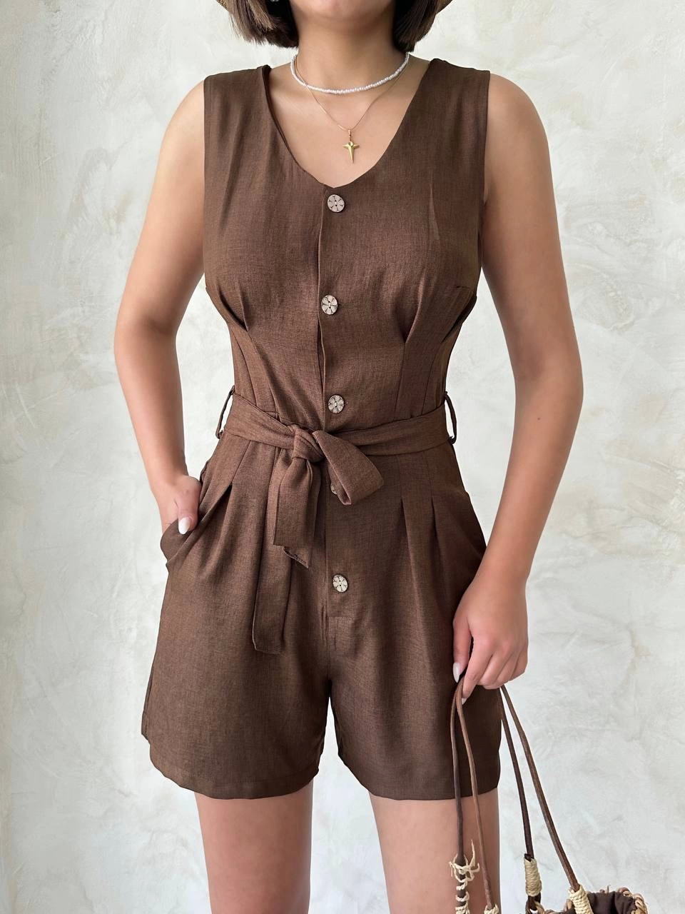 Pocketed Comfortable Fabric Belted Shorts Overalls - Brown