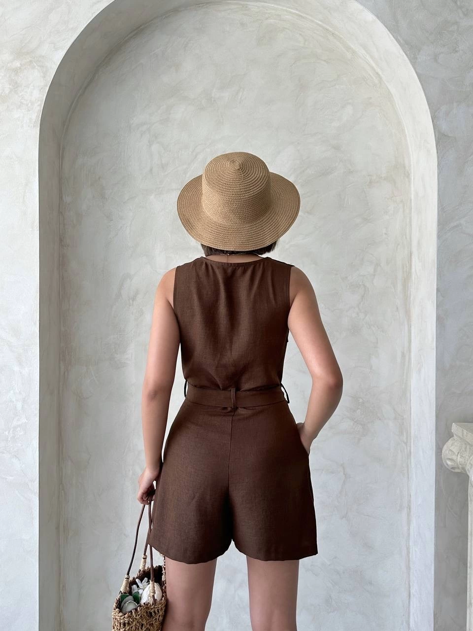 Pocketed Comfortable Fabric Belted Shorts Overalls - Brown