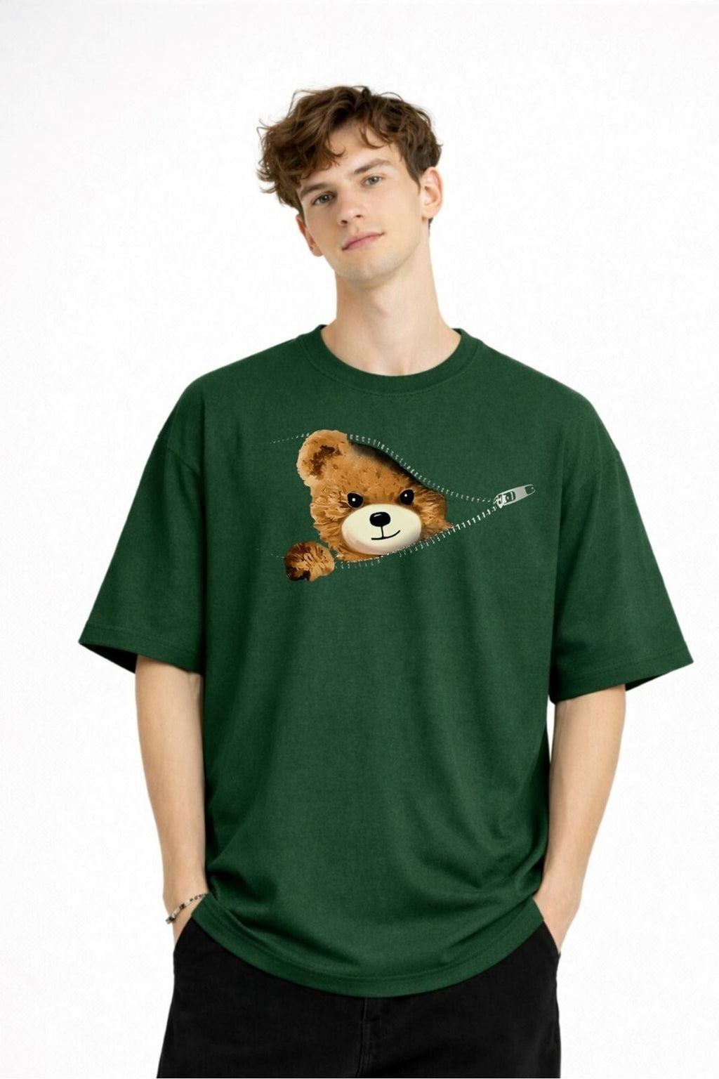 Bear - Baskılı Premium Kumaş Oversize Unisex Tişört Haki