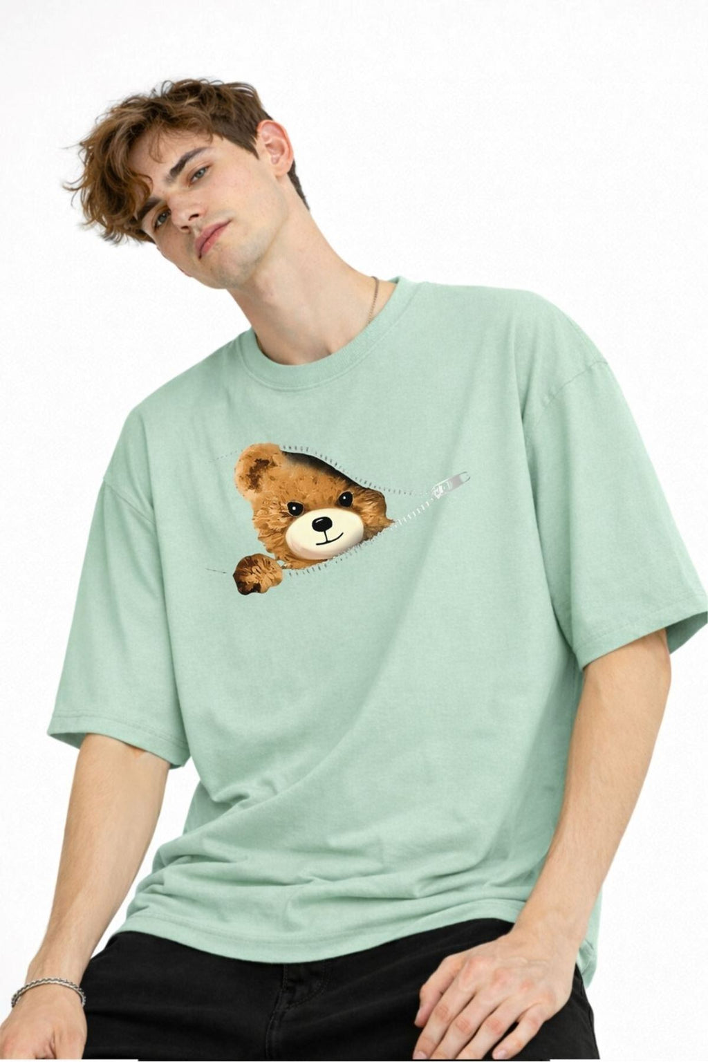 Bear - Baskılı Premium Kumaş Oversize Unisex Tişört Su Yeşili