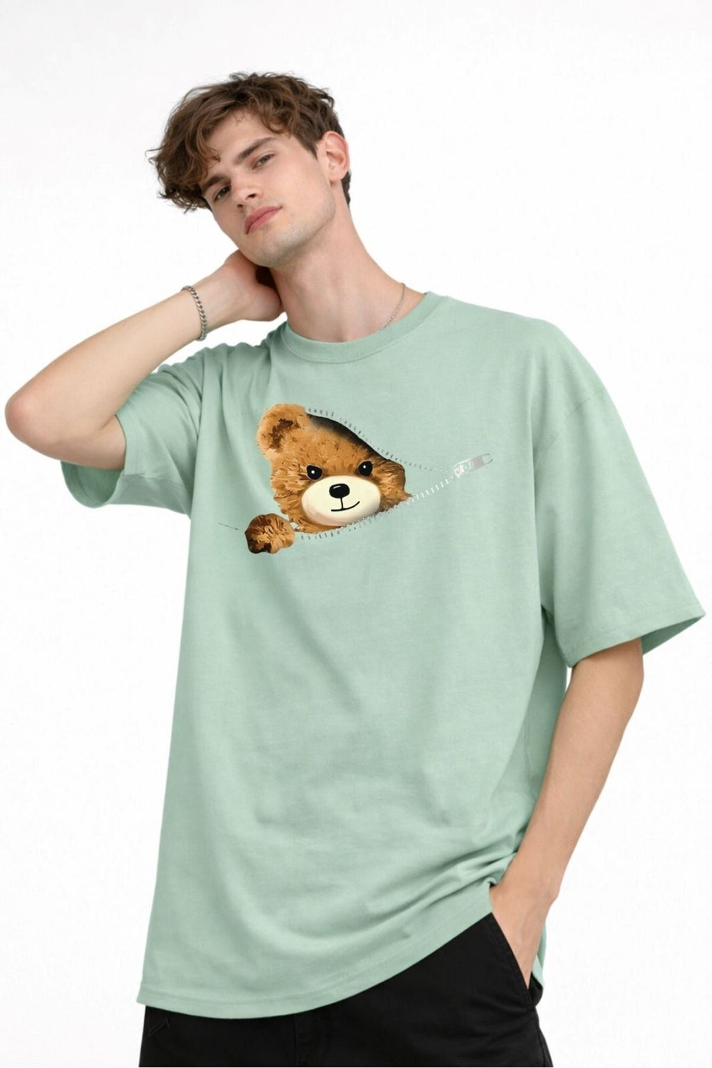Bear - Baskılı Premium Kumaş Oversize Unisex Tişört Su Yeşili