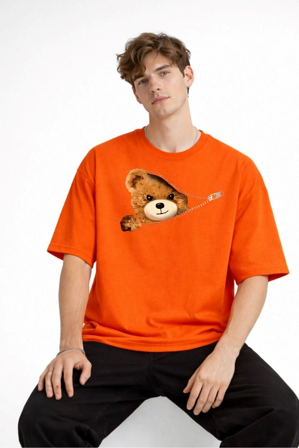 Bear - Baskılı Premium Kumaş Oversize Unisex Tişört Turuncu