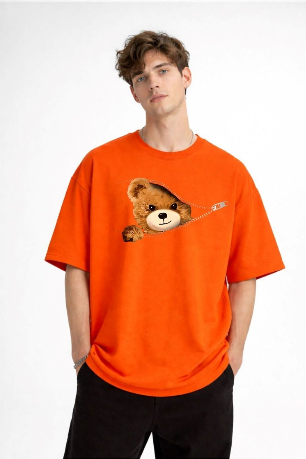 Bear - Baskılı Premium Kumaş Oversize Unisex Tişört Turuncu