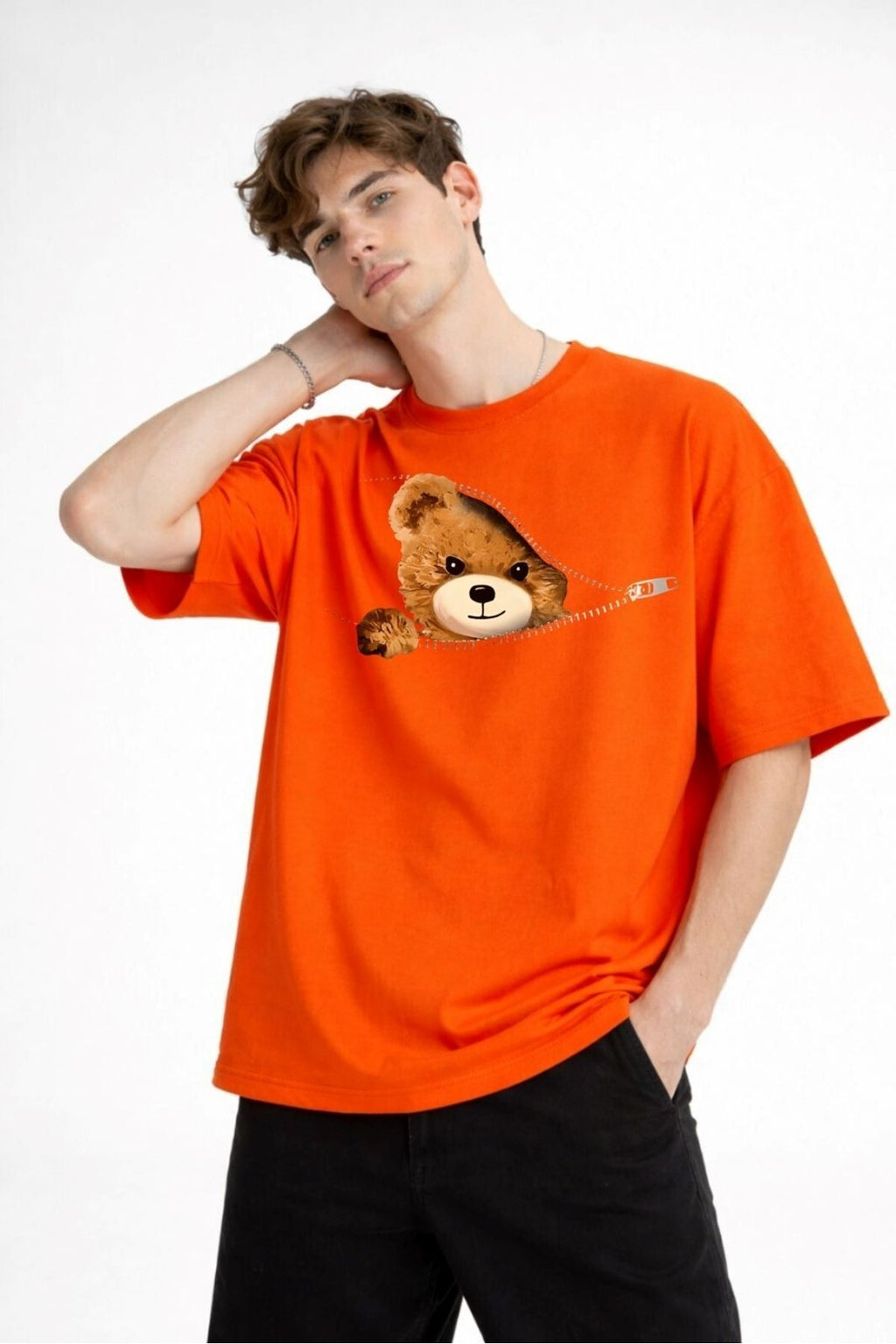 Bear - Baskılı Premium Kumaş Oversize Unisex Tişört Turuncu