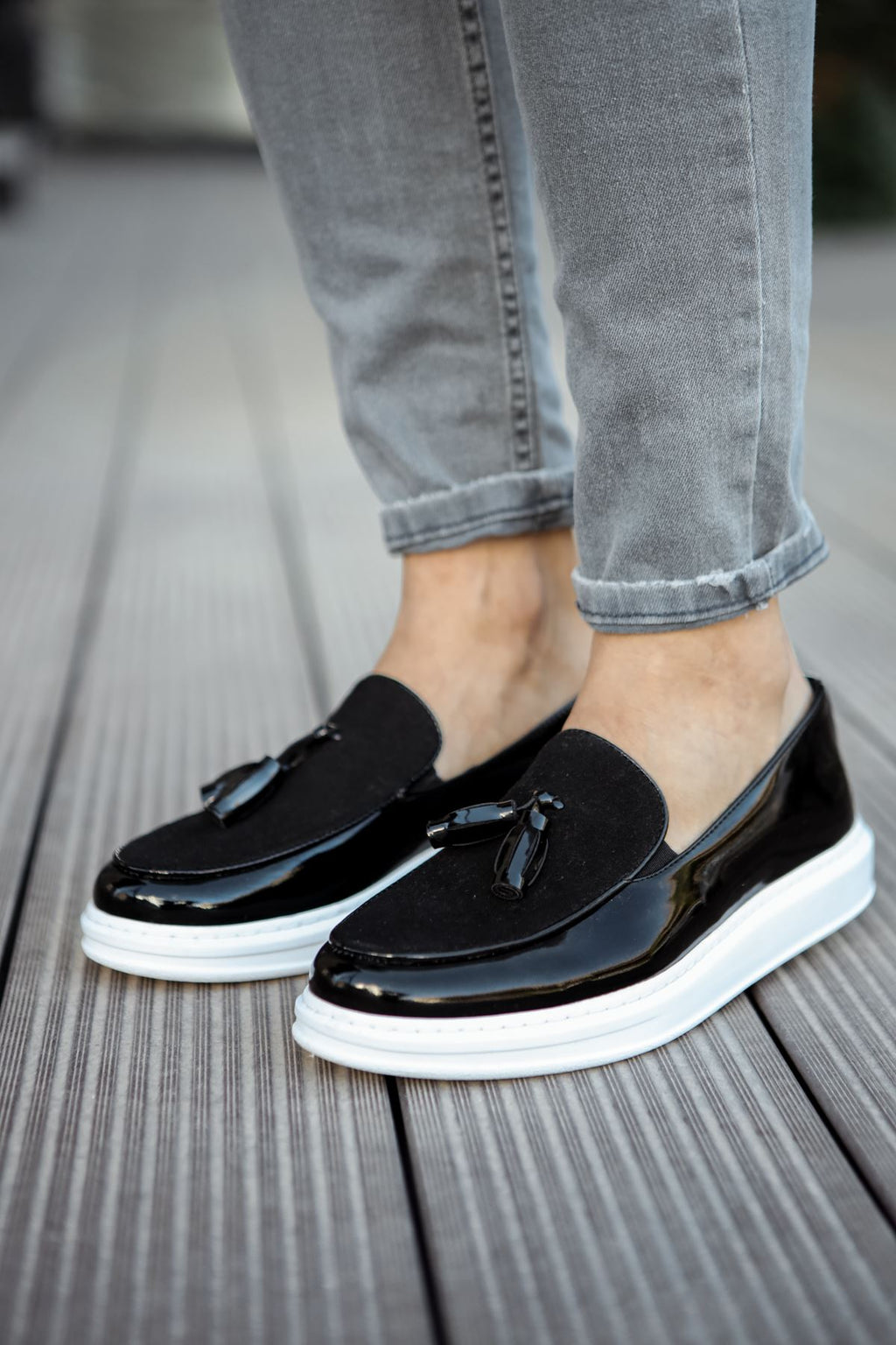 ZRN002 Premium Günlük Erkek Loafer Siyah Beyaz Rugan
