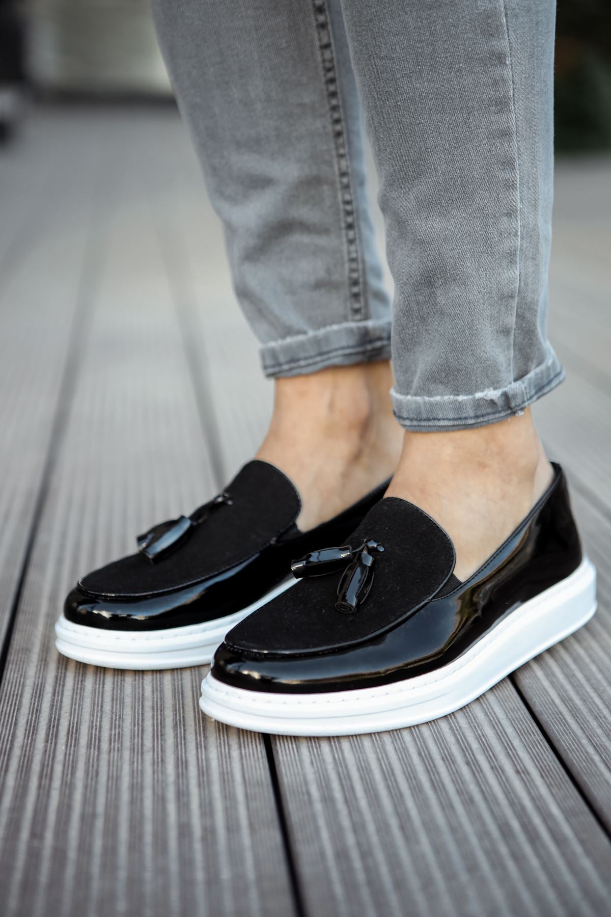 ZRN002 Premium Günlük Erkek Loafer Siyah Beyaz Rugan