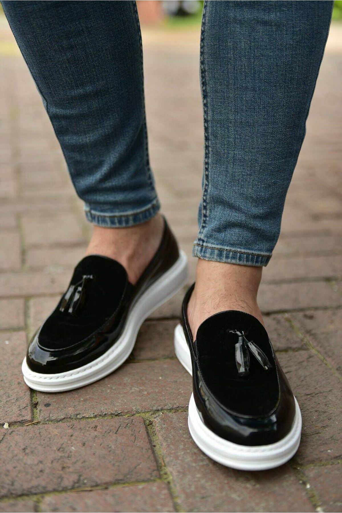 ZRN002 Premium Günlük Erkek Loafer Siyah Beyaz Rugan