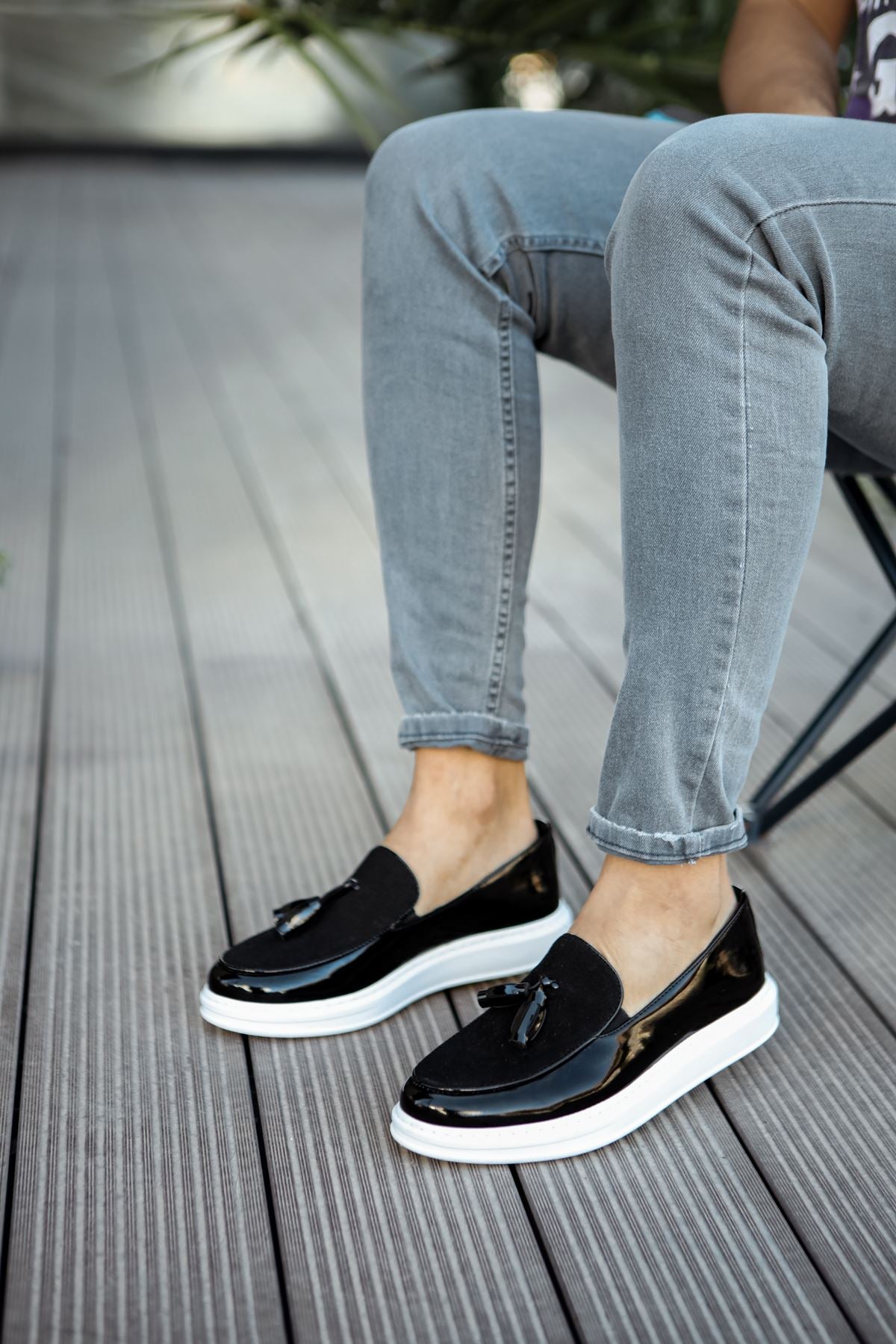 ZRN002 Premium Günlük Erkek Loafer Siyah Beyaz Rugan
