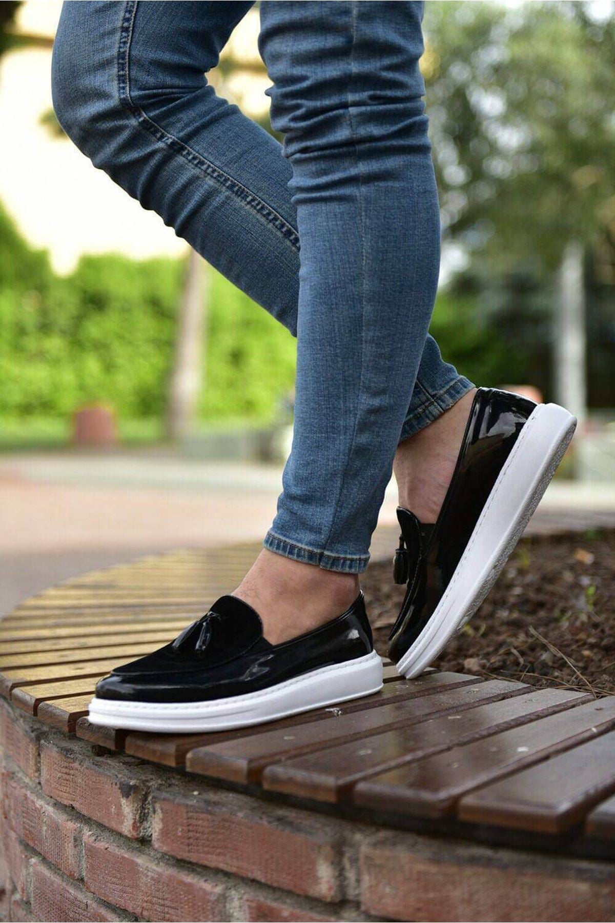 ZRN002 Premium Günlük Erkek Loafer Siyah Beyaz Rugan
