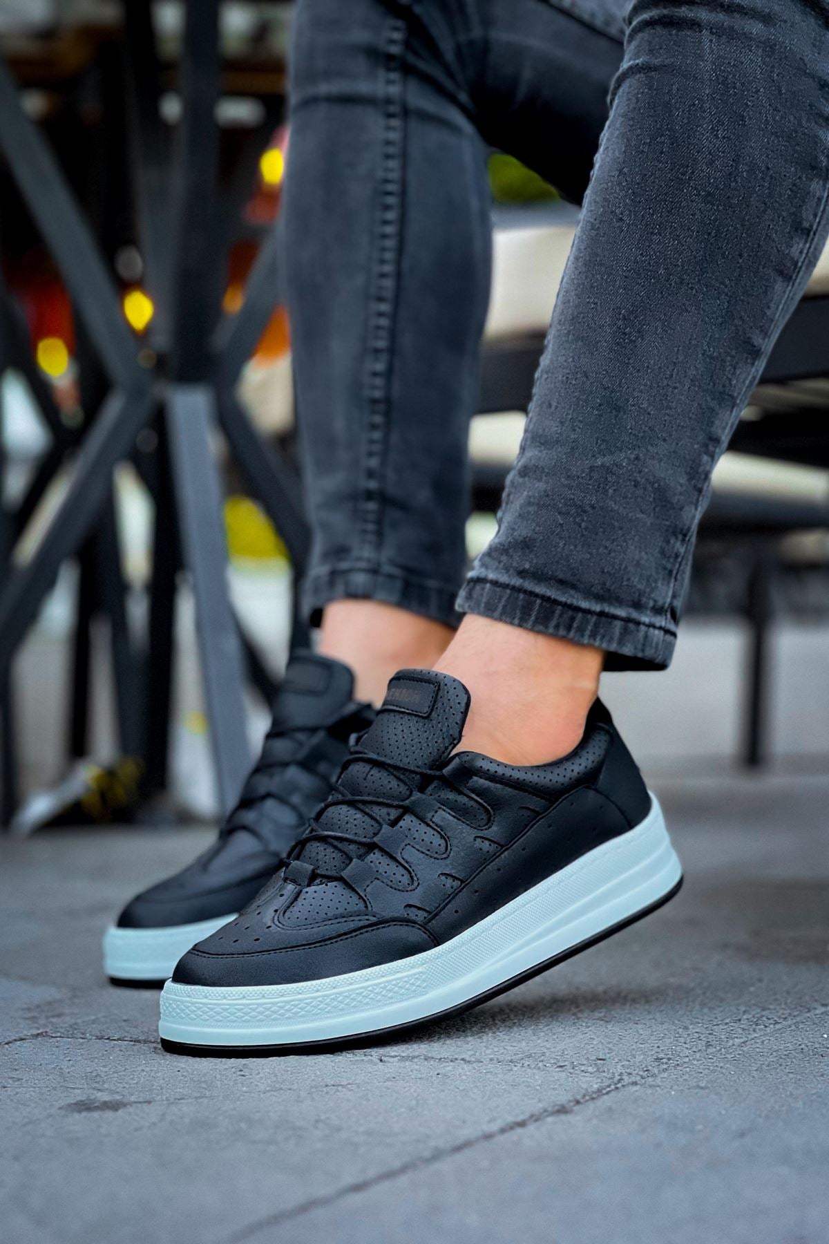 C-Rey Premium Comfort Lastikli Erkek Ayakkabı Sneaker Siyah Beyaz