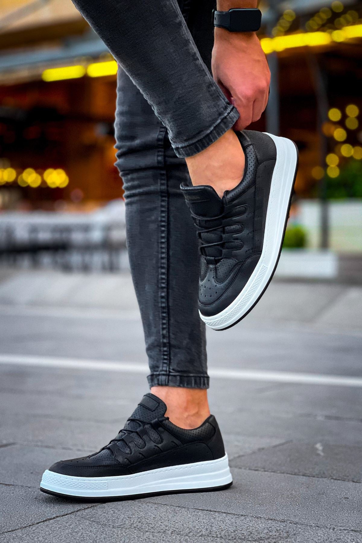 C-Rey Premium Comfort Lastikli Erkek Ayakkabı Sneaker Siyah Beyaz