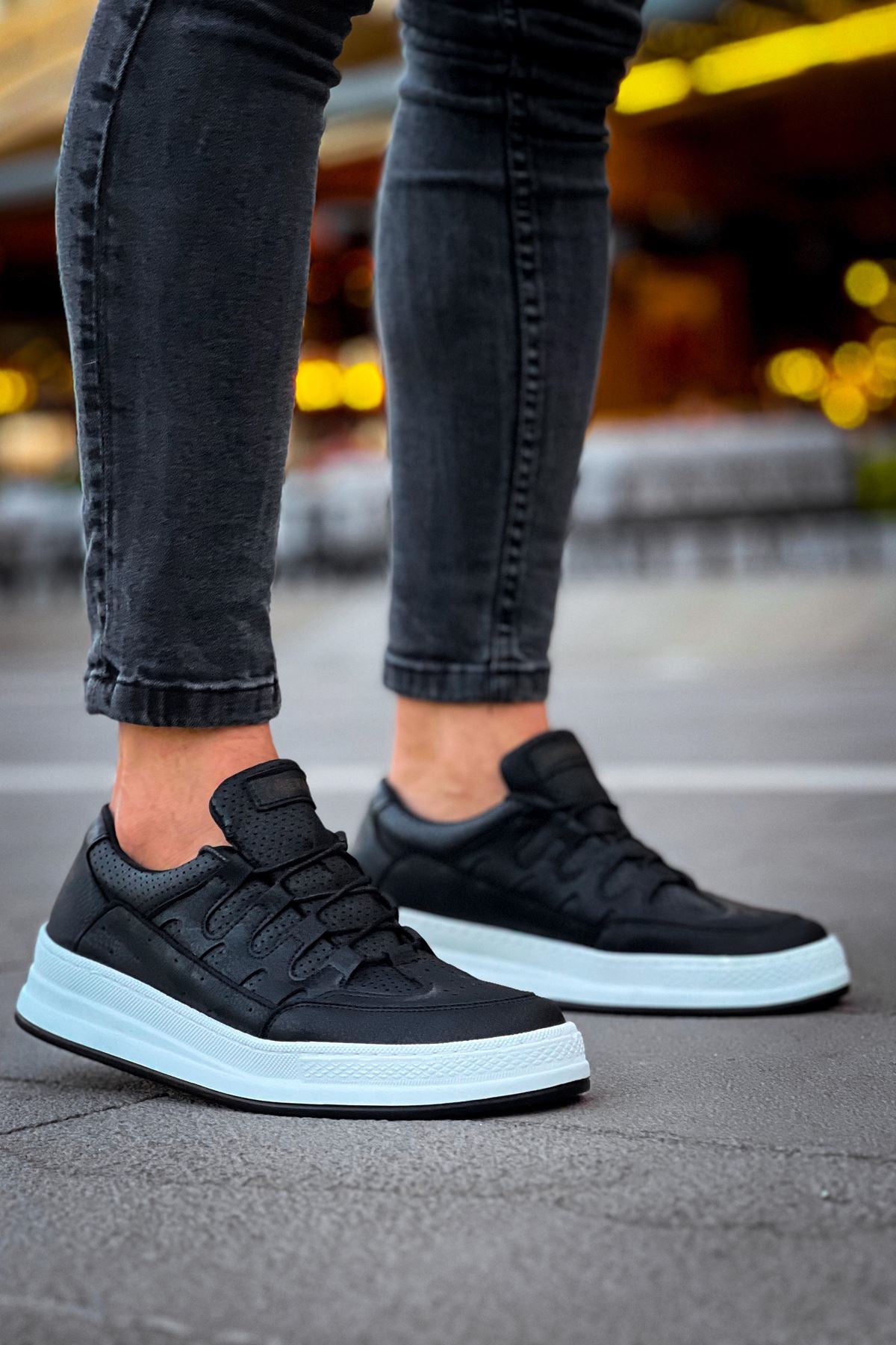 C-Rey Premium Comfort Lastikli Erkek Ayakkabı Sneaker Siyah Beyaz