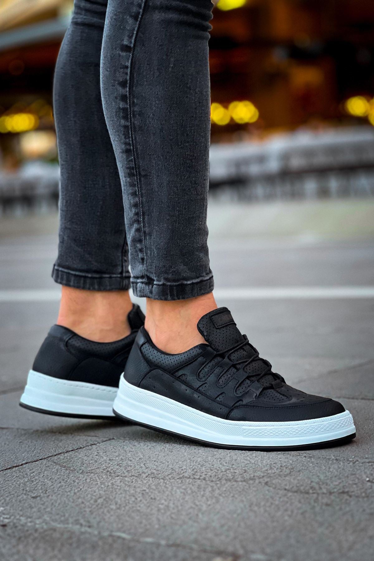 C-Rey Premium Comfort Lastikli Erkek Ayakkabı Sneaker Siyah Beyaz