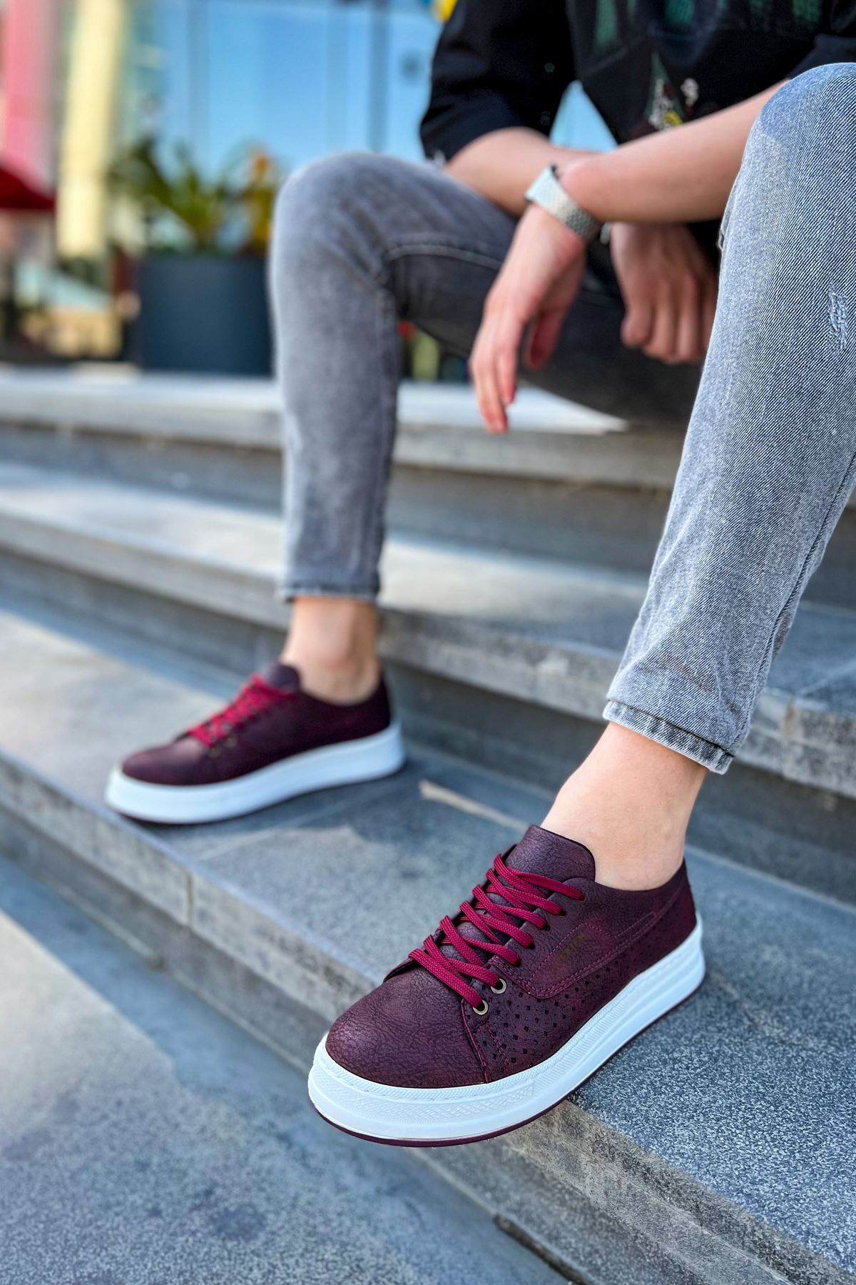 Cowien Premium Erkek Tarz Bağcıklı Sneaker Bordo