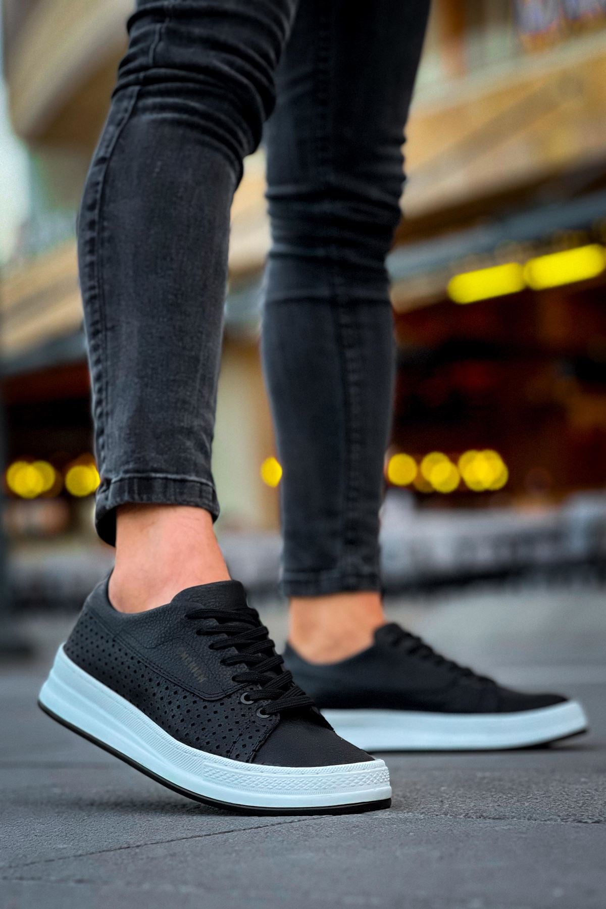 Cowien Premium Erkek Tarz Bağcıklı Sneaker Siyah Beyaz