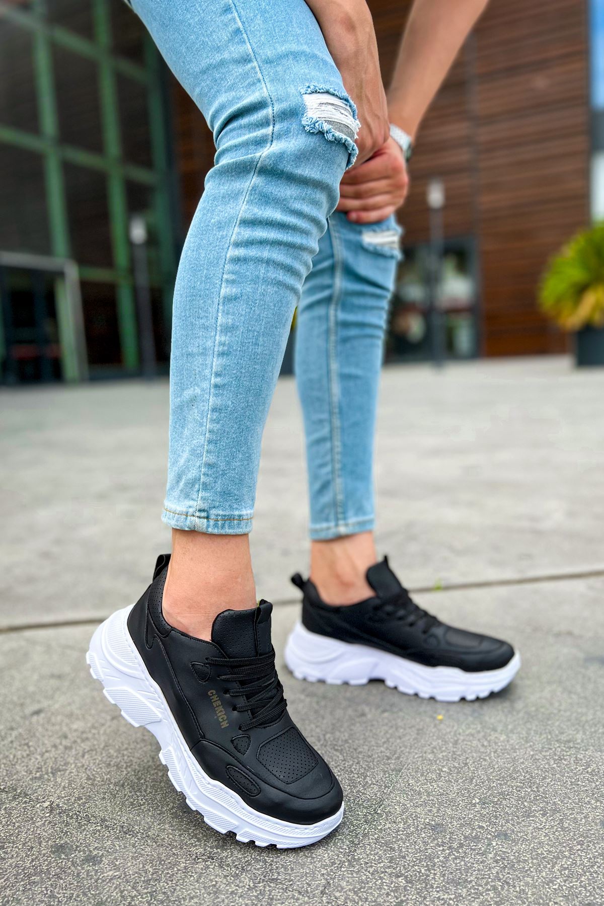 Low Top Lace Up Bağcıklı Erkek Spor Ayakkabı Siyah Beyaz