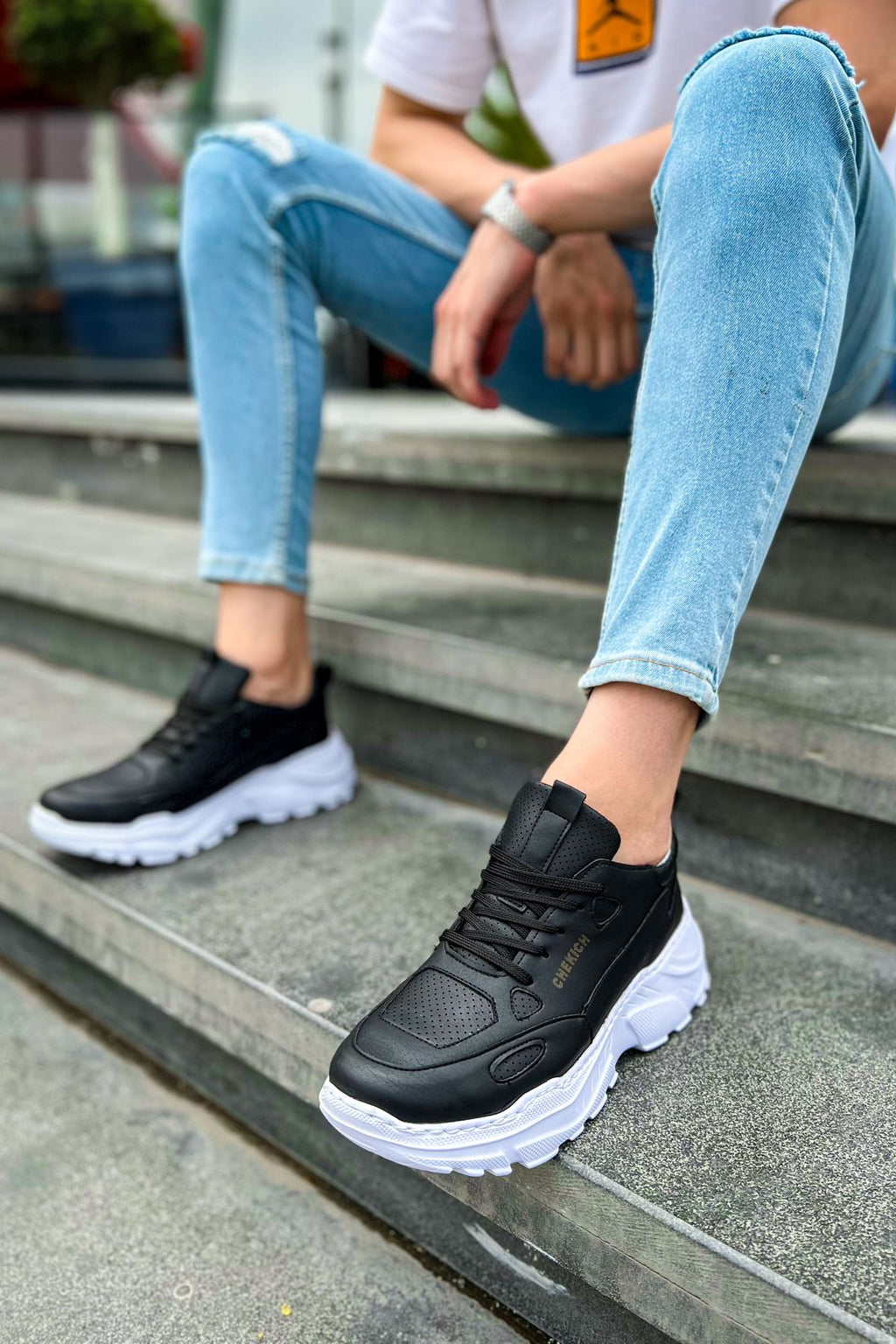 Low Top Lace Up Bağcıklı Erkek Spor Ayakkabı Siyah Beyaz