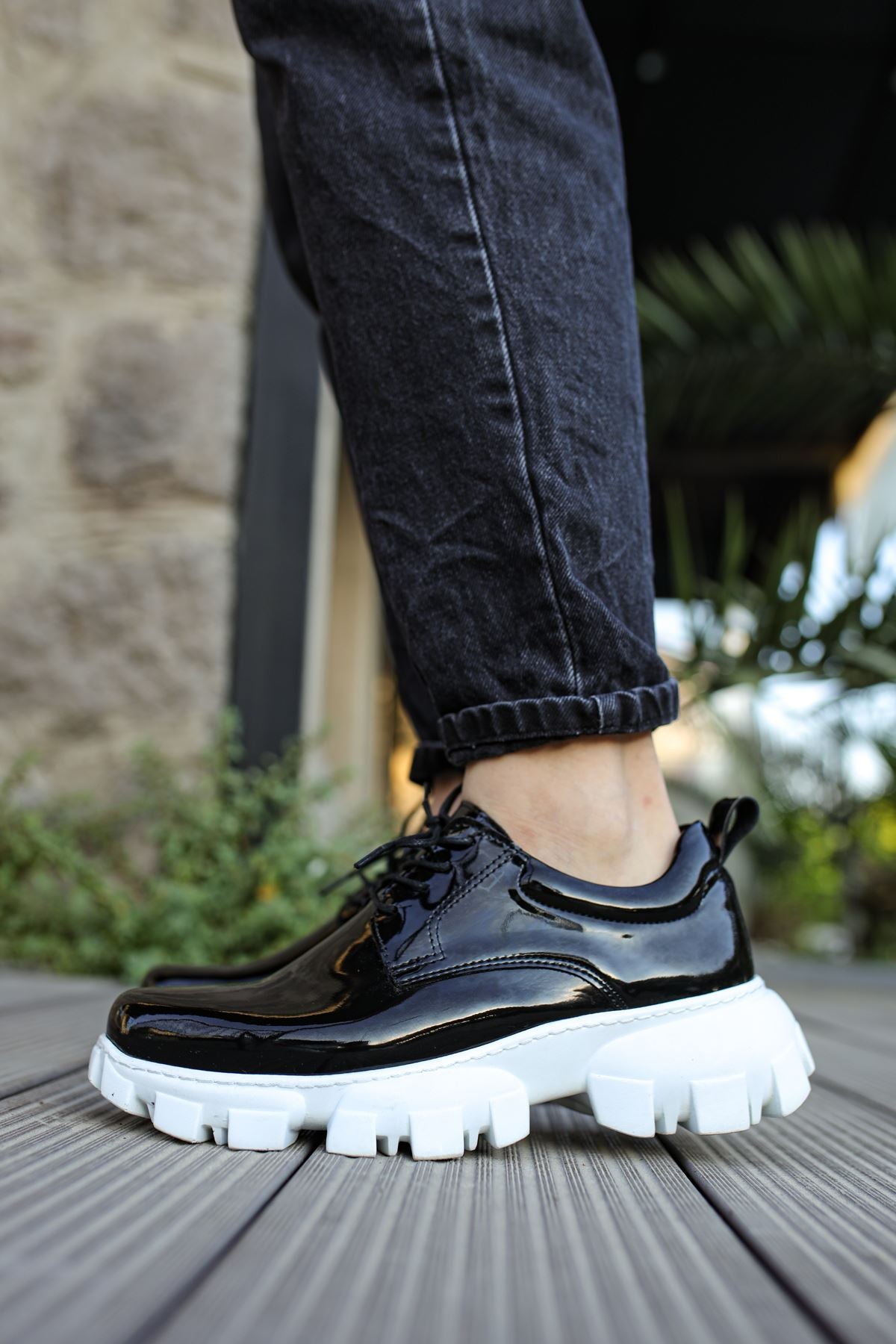 Trox Trakör Taban Erkek Spor Casual Ayakkabı Siyah Beyaz Rugan