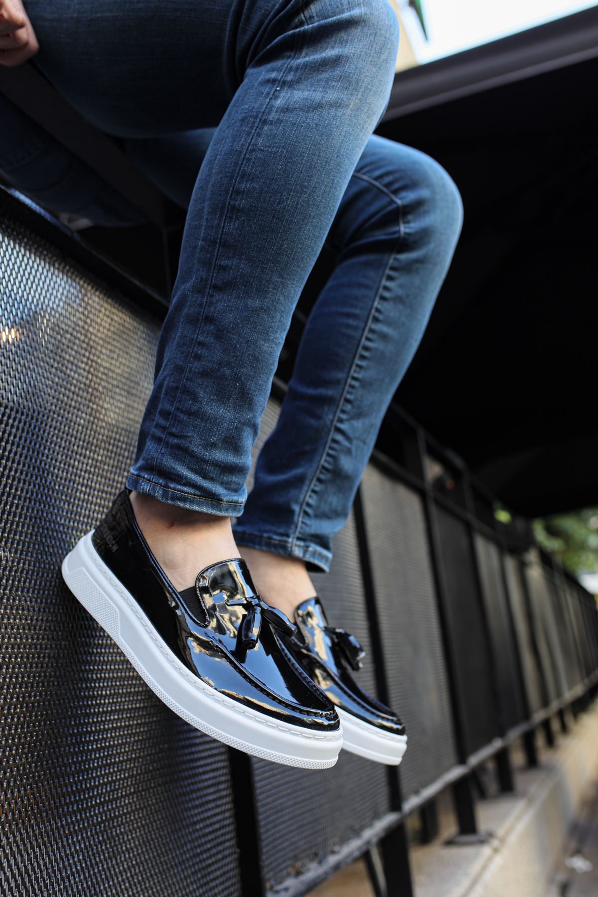 Loafer-X Günlük Erkek Loafer Ayakkabı Siyah Beyaz Rugan