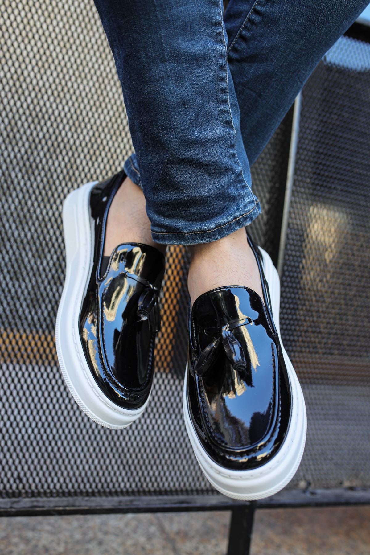 Loafer-X Günlük Erkek Loafer Ayakkabı Siyah Beyaz Rugan