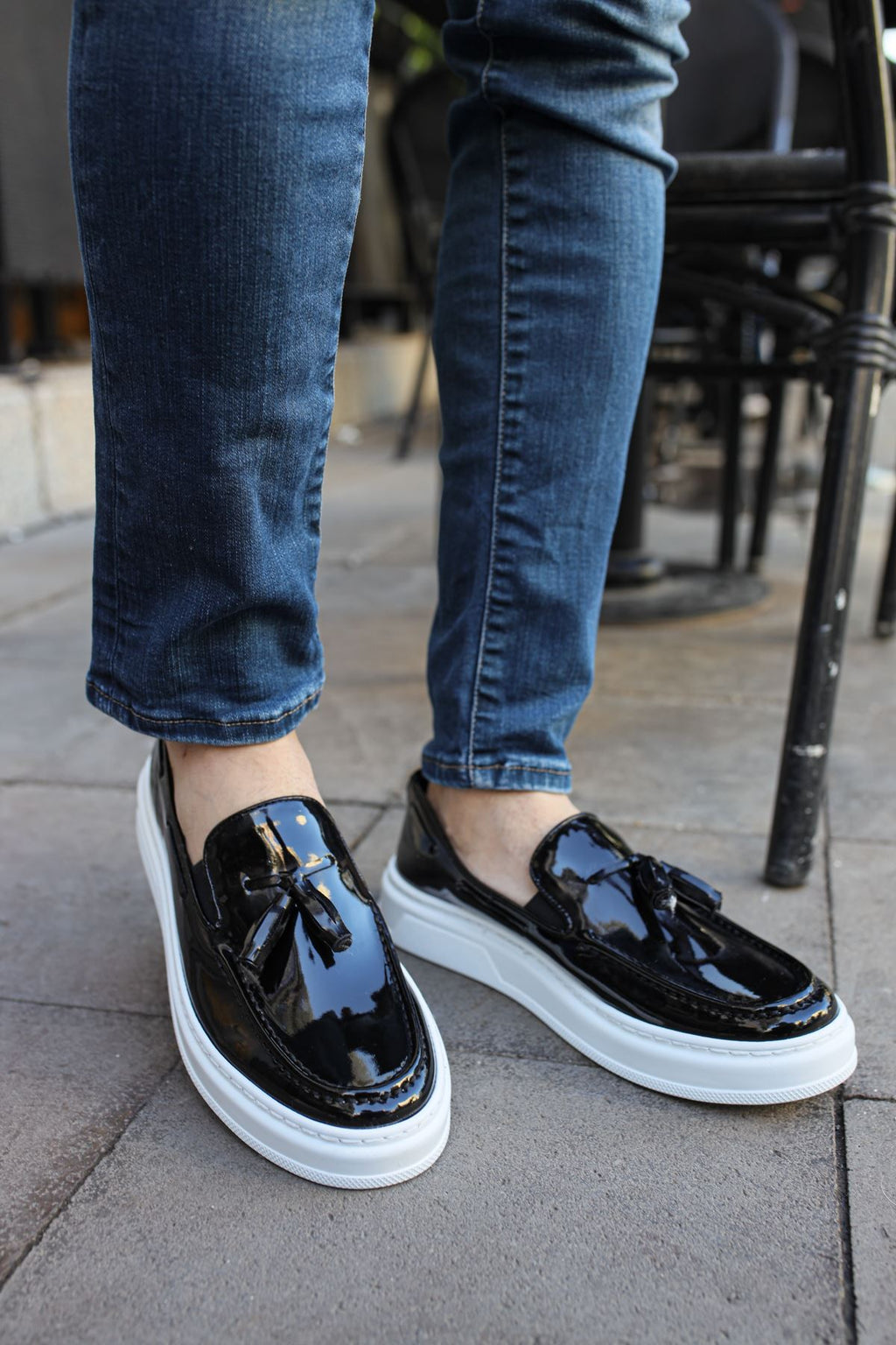 Loafer-X Günlük Erkek Loafer Ayakkabı Siyah Beyaz Rugan