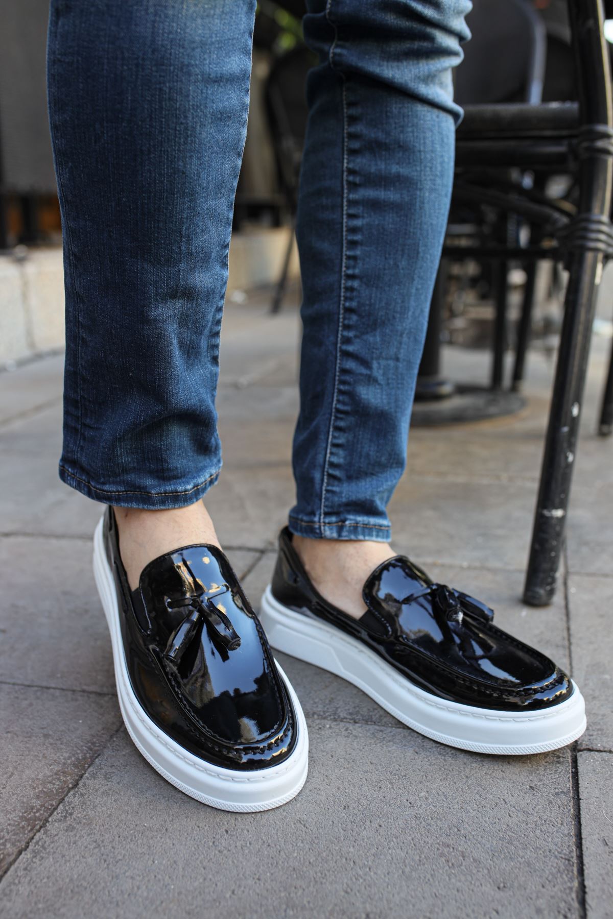 Loafer-X Günlük Erkek Loafer Ayakkabı Siyah Beyaz Rugan