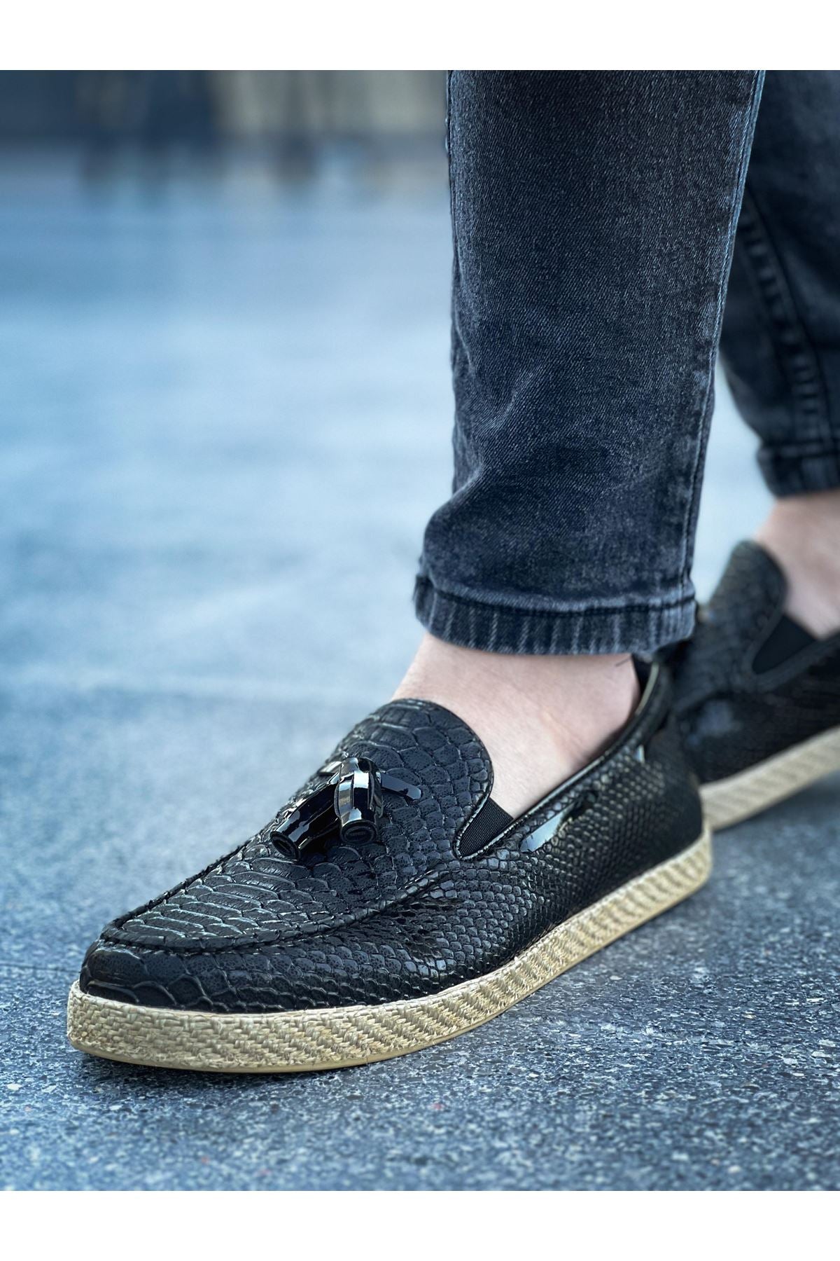 Croco Klasik Erkek Loafer Ayakkabı Siyah
