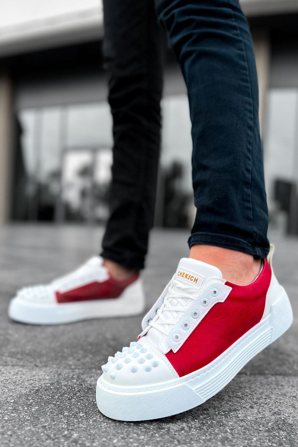 Thorn Kalın Taban Bağcıklı Erkek Sneaker Beyaz Kırmızı