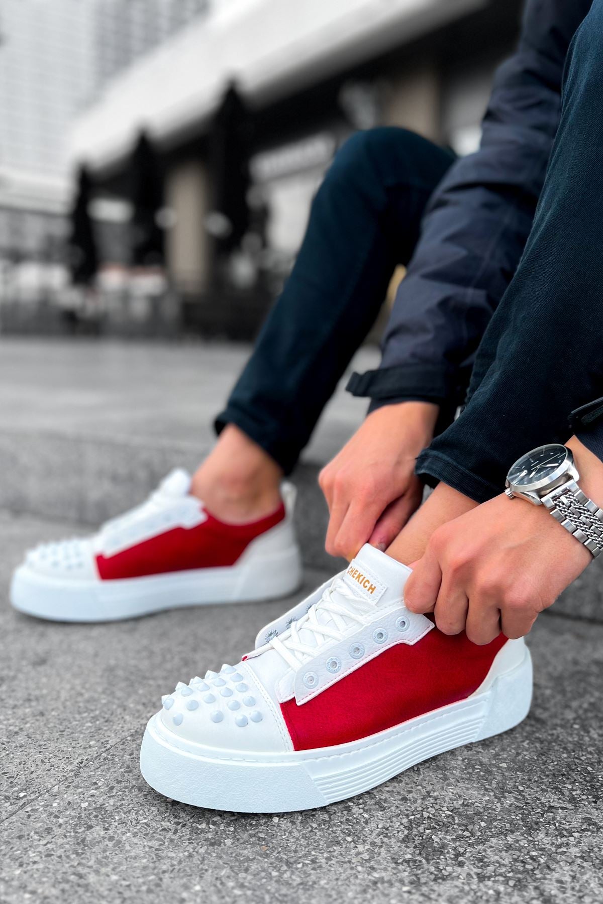 Thorn Kalın Taban Bağcıklı Erkek Sneaker Beyaz Kırmızı