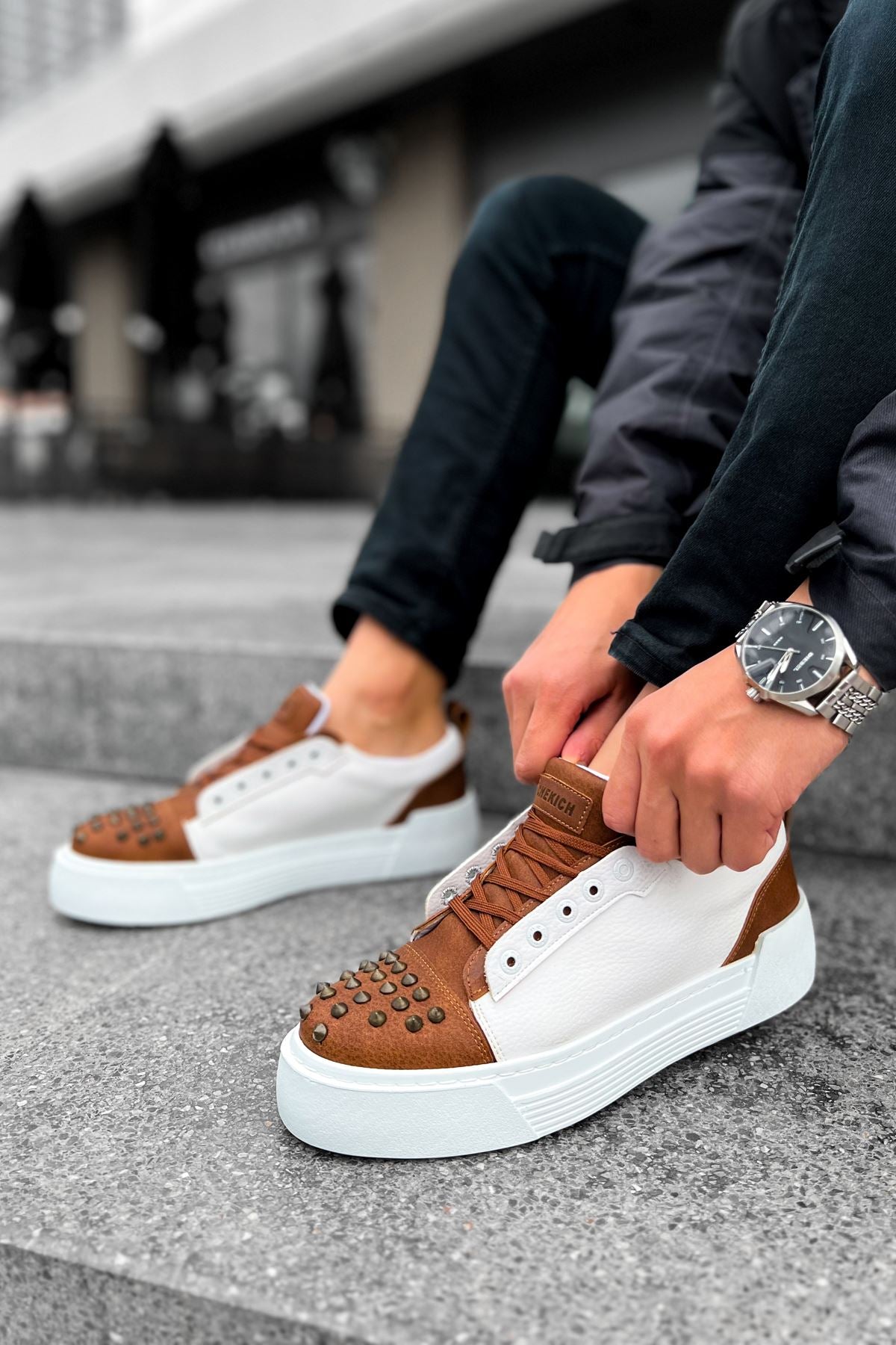 Thorn Kalın Taban Bağcıklı Erkek Sneaker Taba Beyaz