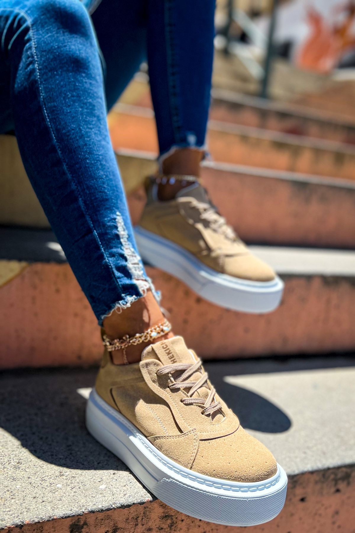 ZRC187 Kalın Taban Ortopedik Kadın Kum Bej Sneakers