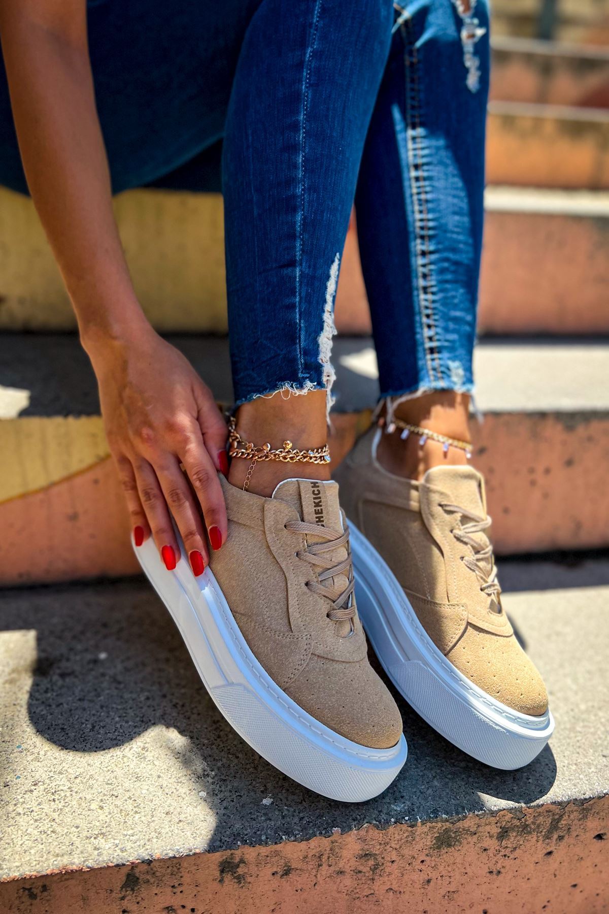 ZRC187 Kalın Taban Ortopedik Kadın Kum Bej Sneakers