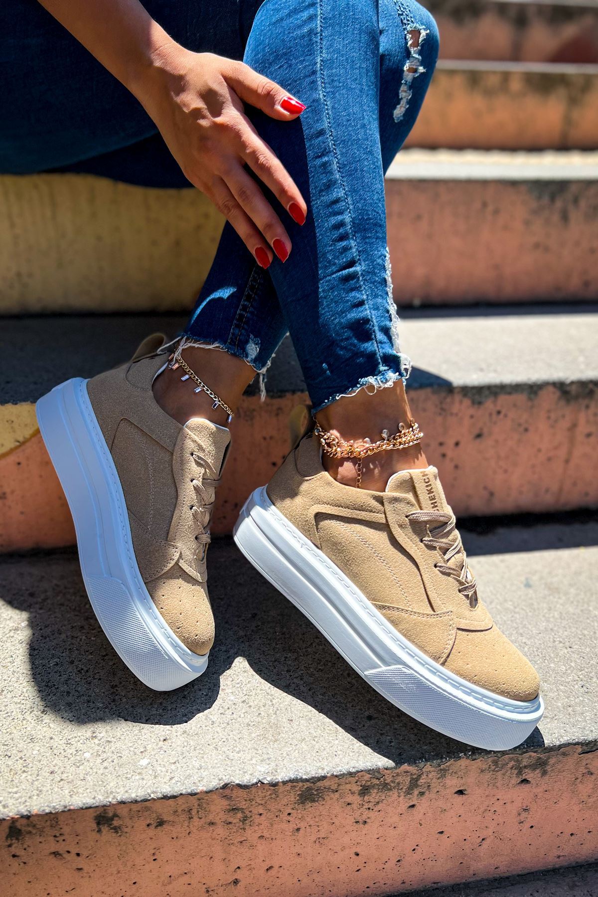 ZRC187 Kalın Taban Ortopedik Kadın Kum Bej Sneakers