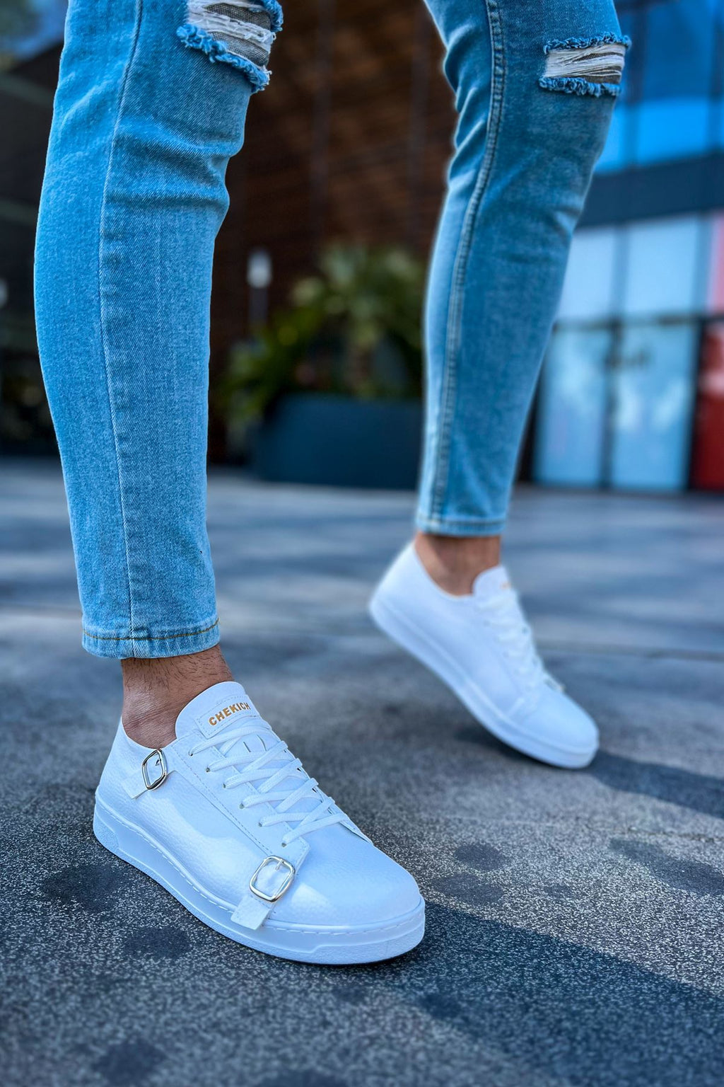 Side Buckle Günlük Erkek Ayakkabı Beyaz