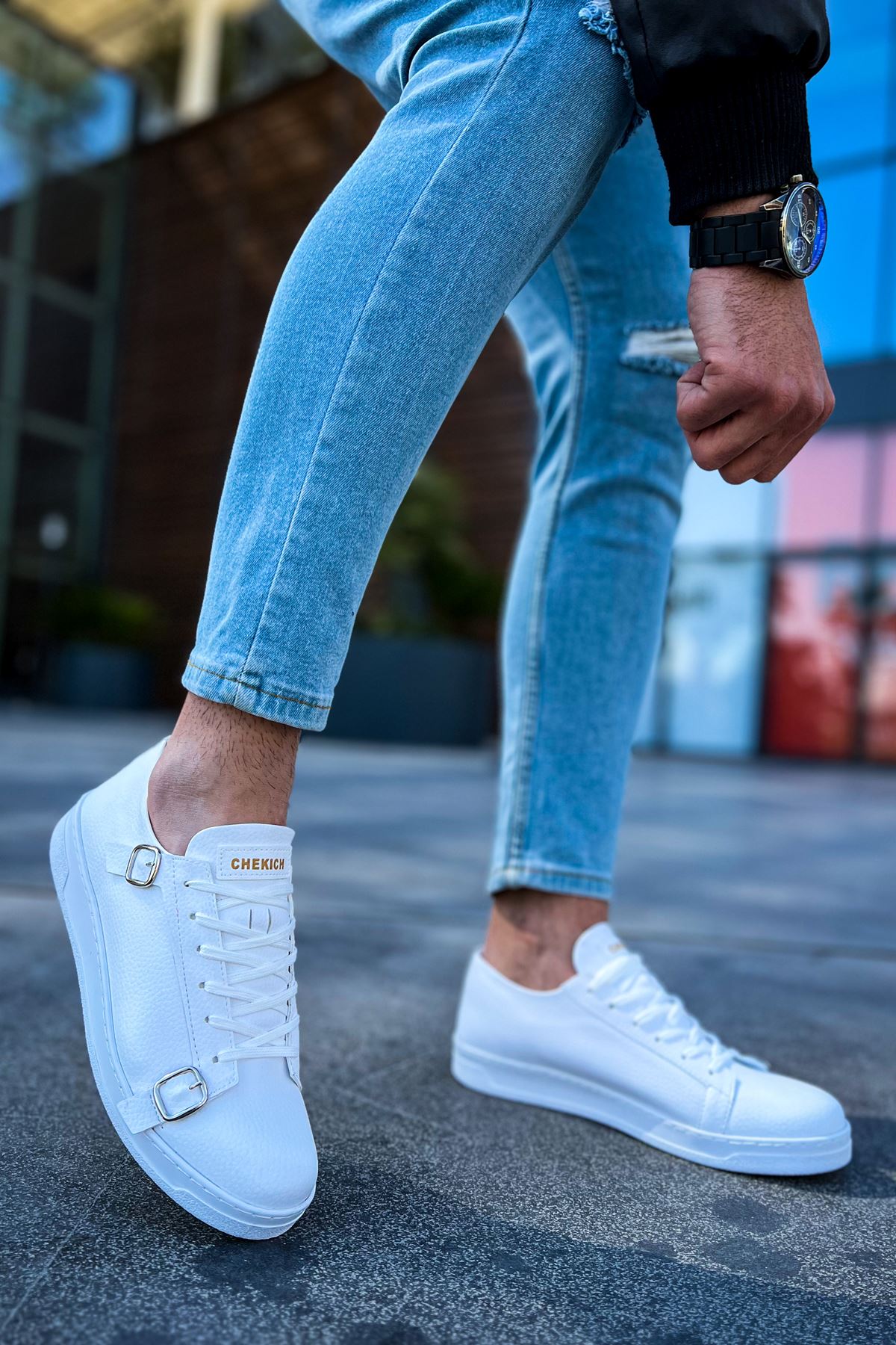 Side Buckle Günlük Erkek Ayakkabı Beyaz