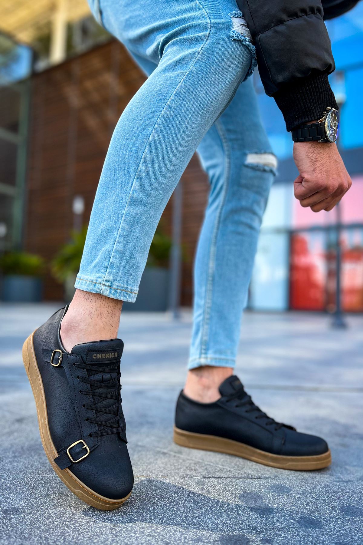 Side Buckle Günlük Erkek Ayakkabı Siyah Taba